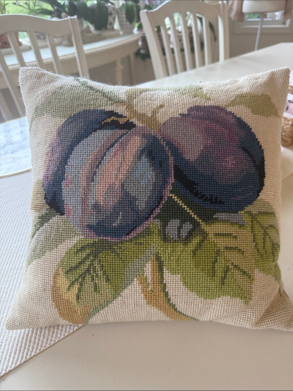 Decorative Plum Needlepoint Throw Pillow in Blue and Green